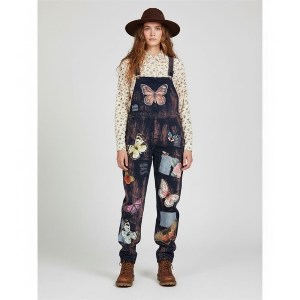 Upcycled Overalls Butterfly appliqués dyed bleached distressed patched medium